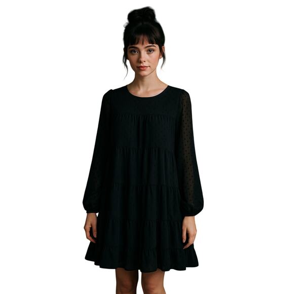 Jodifl Black Swiss Dot Long Sleeve Tiered Whimsygoth Babydoll Dress Large - Picture 1 of 6